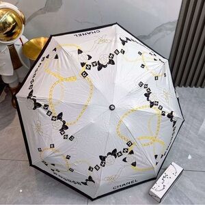 CHANEL White, Black & Gold Floral Chain Print Umbrella